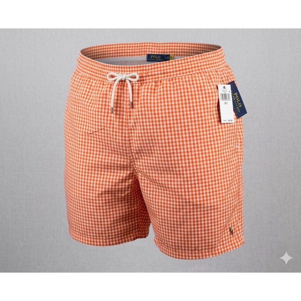 Polo Ralph Lauren 711823609002 Men's Orange Gingham Swim Shorts. NWT. Size 2LT